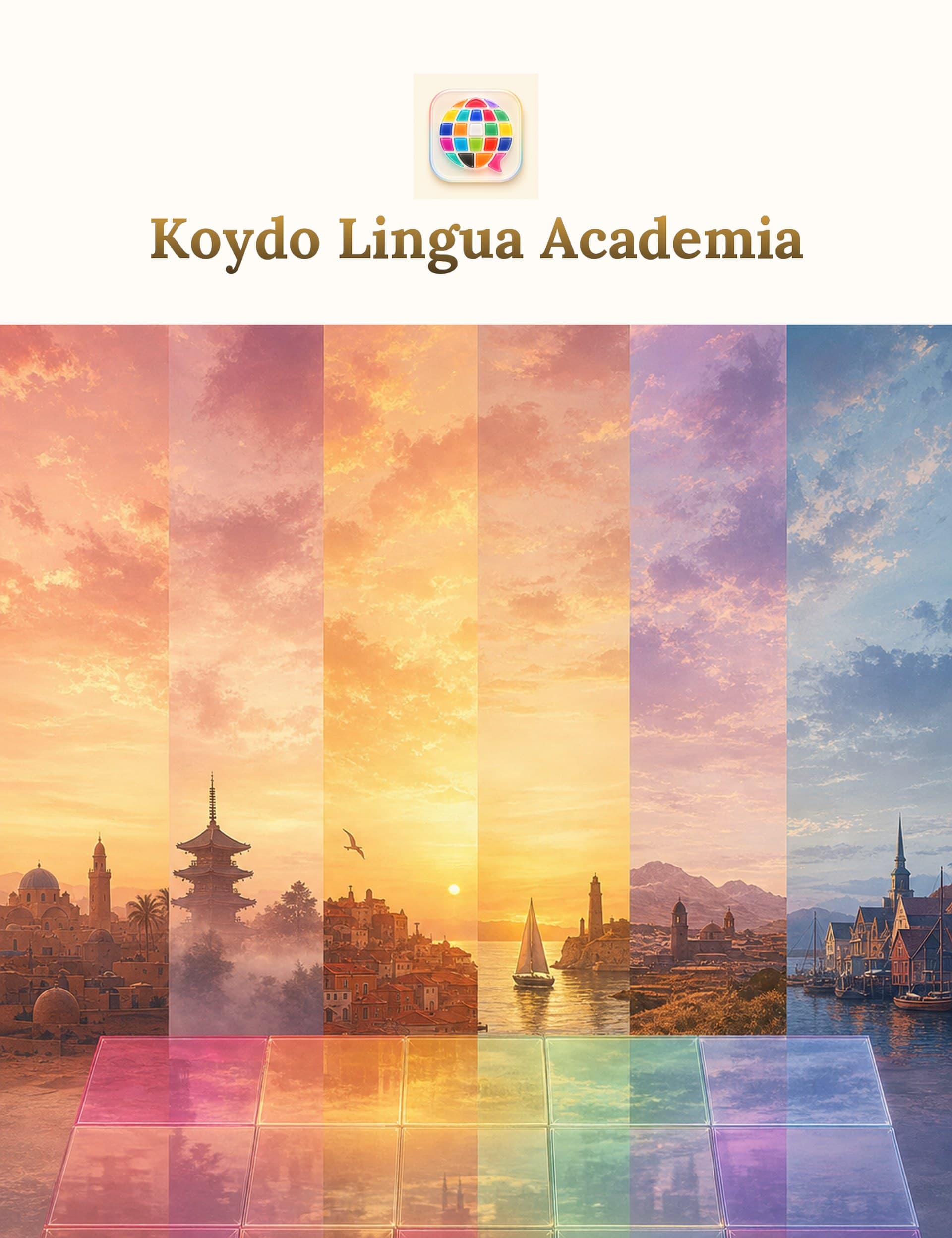 Six world cities lit by golden light — the six-skies visual mark of Koydo Lingua Academia